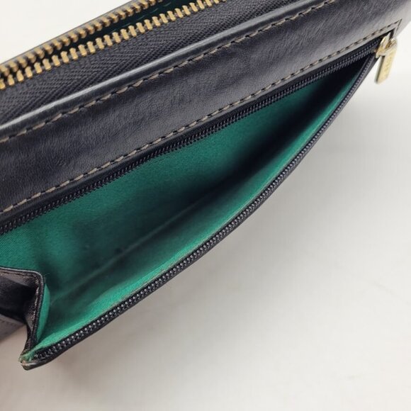 Fossil Sydney Blk Leather Zip Around Wallet Wristlet Clutch Green Interior Chic - Picture 5 of 7